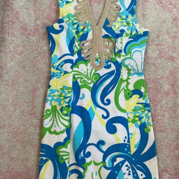 Lilly Pulitzer Dresses & Skirts - Lilly Pulitzer Janice Shift Blue Green Gold and White